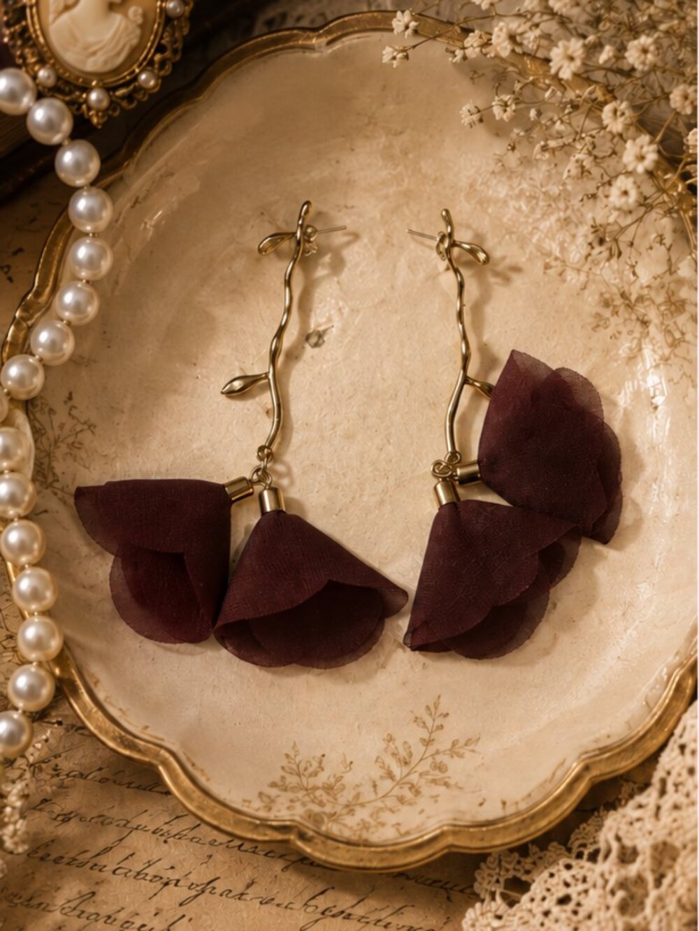 Burgundy Floral Vine Drop Earrings - Picture 1 of 3